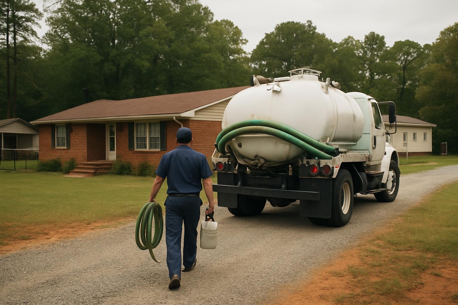 Septic pump truck servicing a home in Coats, NC